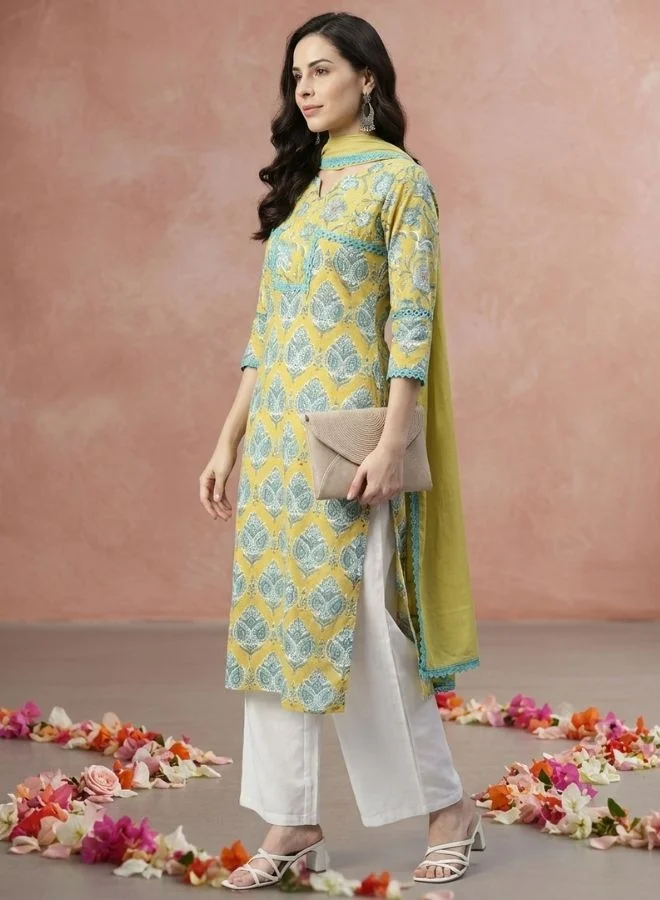 Yuris  Yuris Women Lime Green Ethnic Motifs Printed Pure Cotton Kurta with Palazzos  With Dupatta for Women | Best Price UAE