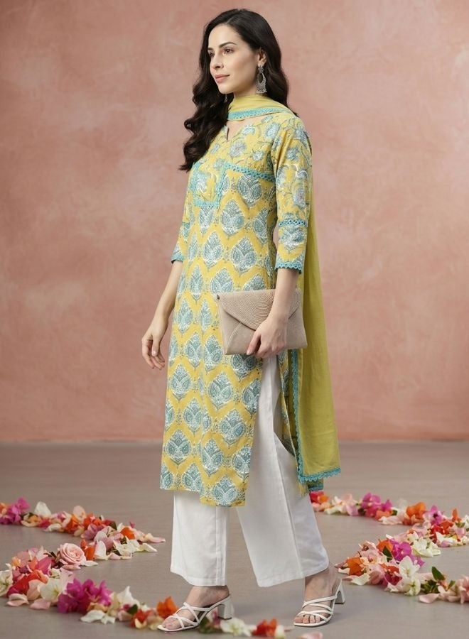 Yuris Women Lime Green Ethnic Motifs Printed Pure Cotton Kurta with Palazzos  With Dupatta - Image 3