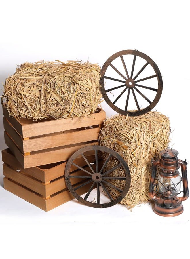 GliCraft 6 Pcs 13 x 9 x 6 Inch Decorative Straw Hay Bale Stack Decoration Set Rustic Wooden Wagon Wheel Natural Hay Bales Boxes for Christmas Nativity Photo Booth Props Birthday Farm Accessories - Image 1
