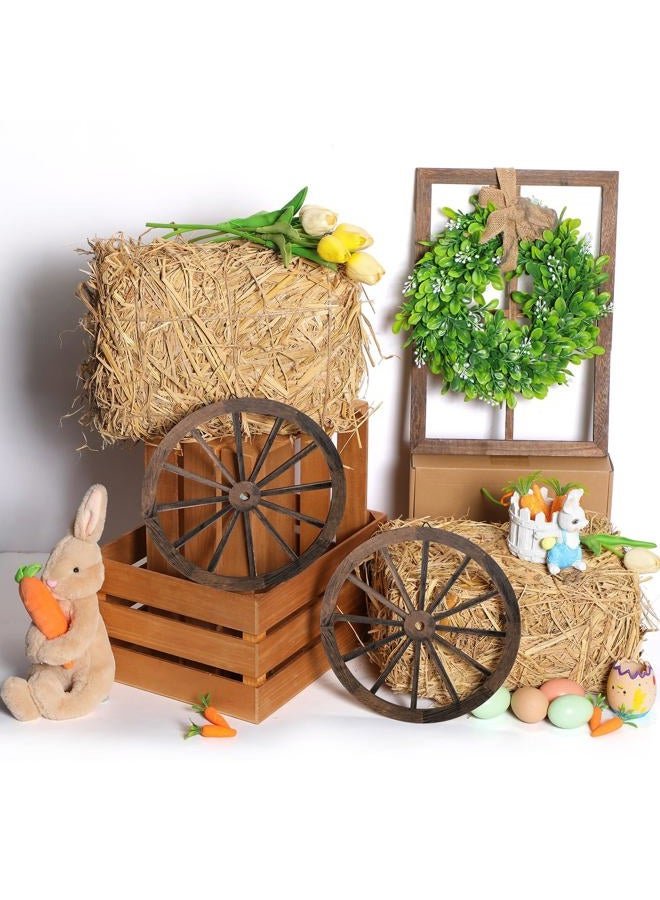 GliCraft 6 Pcs 13 x 9 x 6 Inch Decorative Straw Hay Bale Stack Decoration Set Rustic Wooden Wagon Wheel Natural Hay Bales Boxes for Christmas Nativity Photo Booth Props Birthday Farm Accessories - Image 2