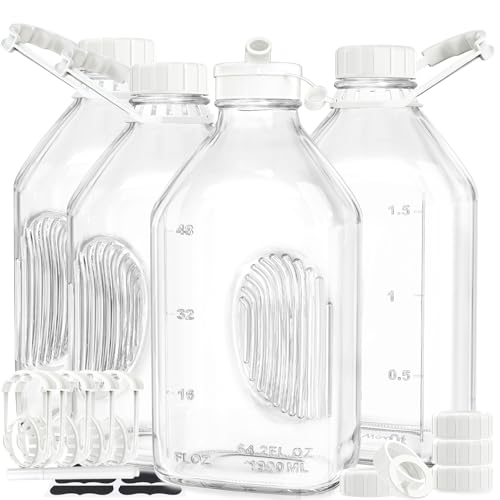 Syntic 4 Pack 2 Qt Glass Milk Bottles with Handle and Airtight Reusable Screw Lids 12 Gal Glass Water  Juice Bottles 64 Oz Milk Jug Pitcher w Scale