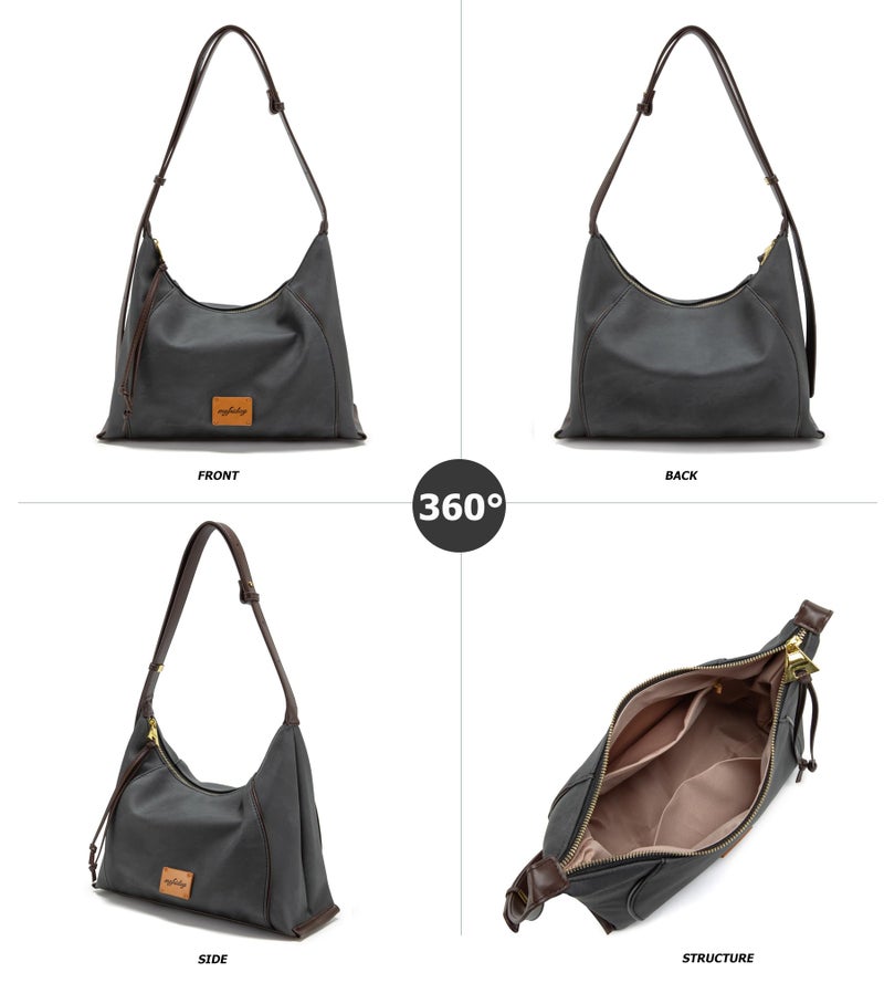 My Friday myfriday Casual Leather Hobo Bag for Women Lightweight Crossbody Tote Handbag with Distressed Finish ï»¿ (Black) - Image 4