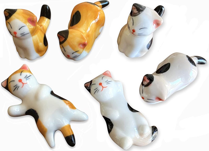 MIUFA Ceramic Cute Cat Chopsticks Rest Dinner Spoon Stand Knife Fork Holder (Set of 6PCS) - Image 1