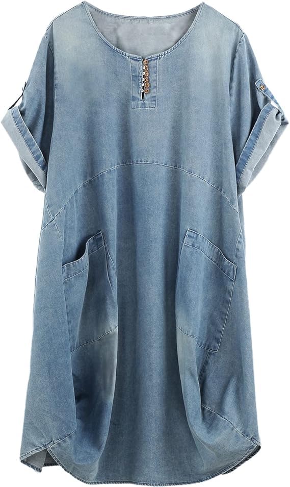 Minibee Women's Ruffle Oversize Casual Midi Dresses with Pockets Jean Light Blue XL - Image 1