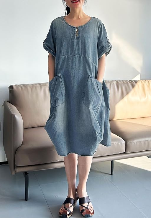 Minibee Women's Ruffle Oversize Casual Midi Dresses with Pockets Jean Light Blue XL - Image 2