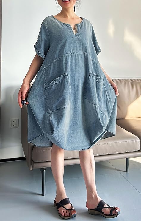 Minibee Women's Ruffle Oversize Casual Midi Dresses with Pockets Jean Light Blue XL - Image 5