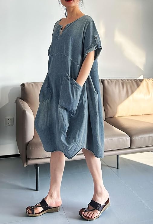 Minibee Women's Ruffle Oversize Casual Midi Dresses with Pockets Jean Light Blue XL - Image 3