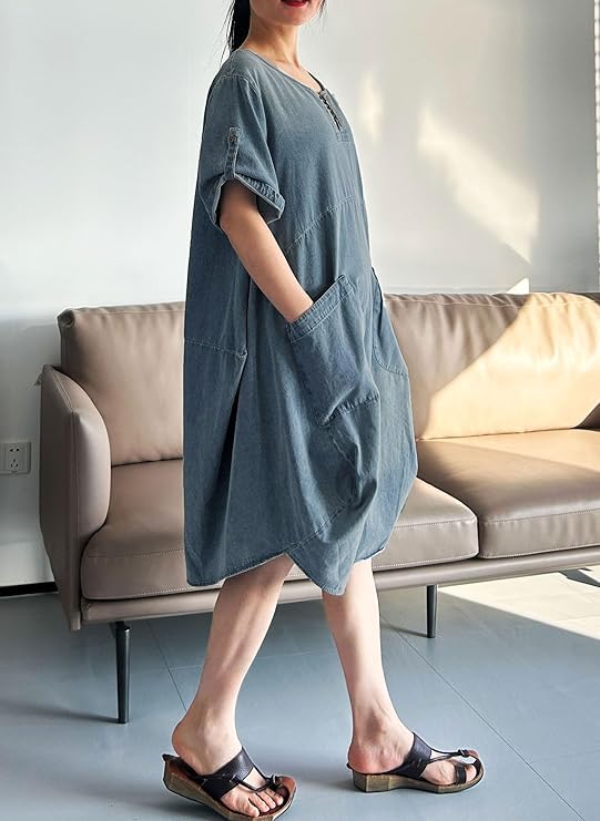 Minibee Women's Ruffle Oversize Casual Midi Dresses with Pockets Jean Light Blue XL - Image 4