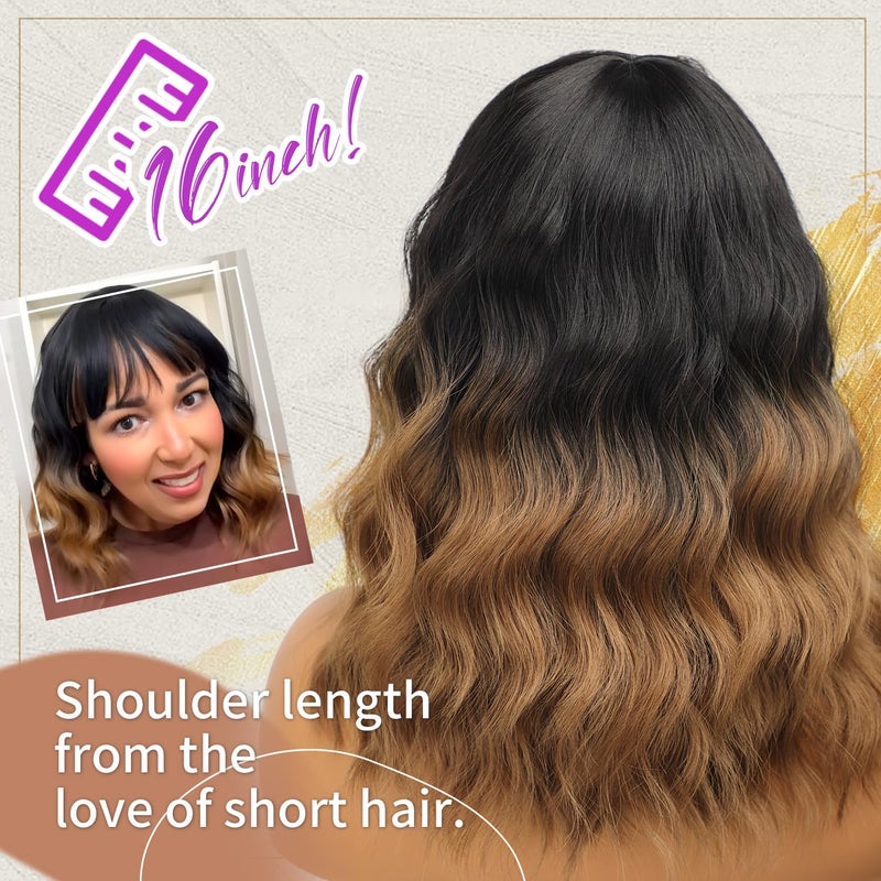 Nnzes Short Wavy Wig with Bangs for Women Shoulder Length Bob Curly Women's Charming Synthetic Wigs with Natural Wavy Black To Brown Heat Resistant Hair for Daily Party Use - Image 5