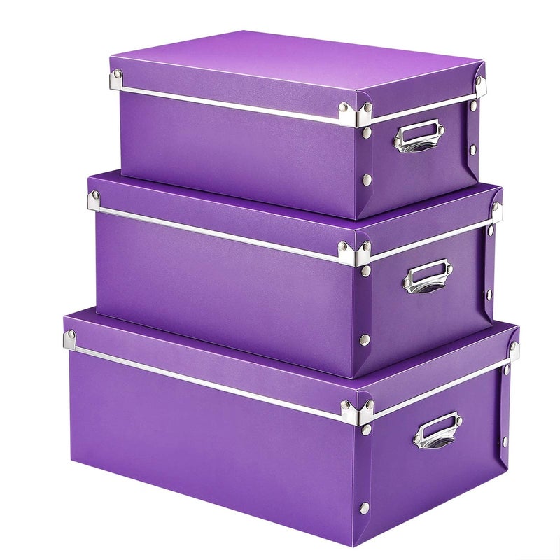 SEEKIND Storage Box Decorative Storage Bins with Lid3 in 1 SetPressStud FasteningMoistureproofFoldable for Space Saving Storagefor Clothes CosmeticBlankets Purple