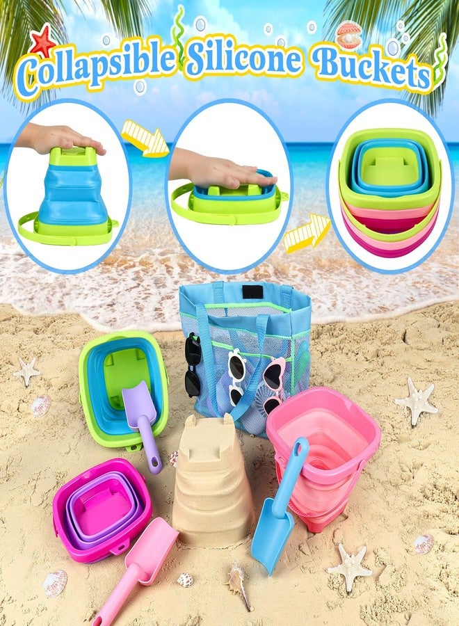 TSDATOWR Collapsible Beach Buckets for Kids, Foldable Sand Buckets and Shovels with Mesh Bag, Silicone Sand Pails Travel Beach Toys for Toddlers Easter Egg Hunt, Camping and Fishing Water Pail - Image 2