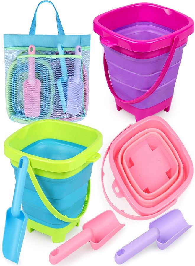 TSDATOWR Collapsible Beach Buckets for Kids, Foldable Sand Buckets and Shovels with Mesh Bag, Silicone Sand Pails Travel Beach Toys for Toddlers Easter Egg Hunt, Camping and Fishing Water Pail - Image 1