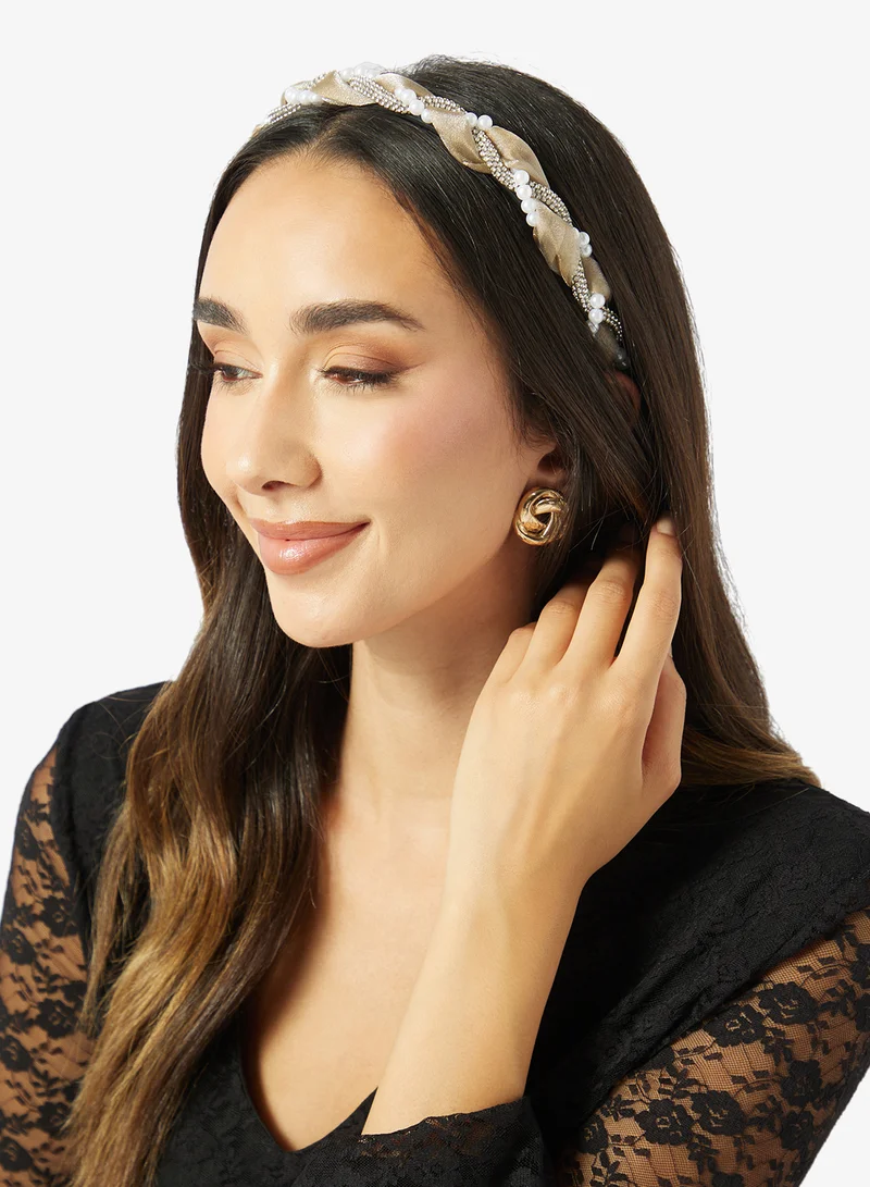 Khizana Beige Braided Pearl Detail Headband for Women | Best Price UAE