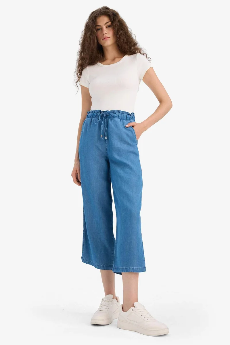 ديفاكتو Culotte Fit High Elastic Waist Washed Thin Jeans