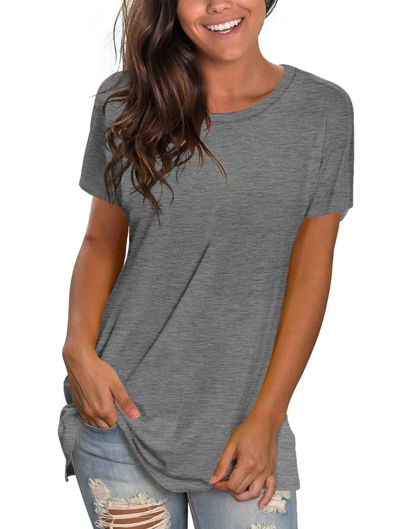 Saloogoe Womens Tunic Tops for Leggings Short Sleeve Shirts Polyester T Shirts Lightweight Summer Outfits Grey L - Image 1