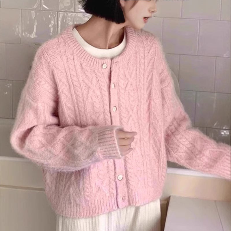 كنزة صوف كابل ناعمة للنساء، قصيرة، بأزرار - Image 1