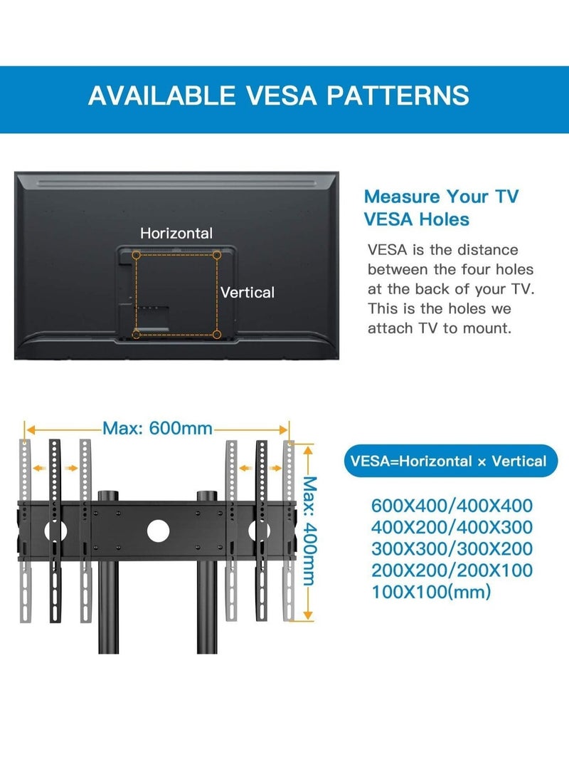 Mobile TV Cart with Wheels for 32-65 Inch LCD LED Plasma Flat Screen TVs- Height Adjustable Rolling TV Stand Hold up to 132 lbs- Floor Stand with Tray Max VESA 600x400mm - Image 5