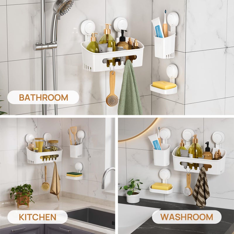 LEVERLOC Shower Caddy Suction Cup Set Shower Organizer & Soap Holder & Toothbrush Holder, Bathroom Shelf Basket NO-Drilling, Removable Suction Storage Waterproof Bathroom Caddy, White - Image 5