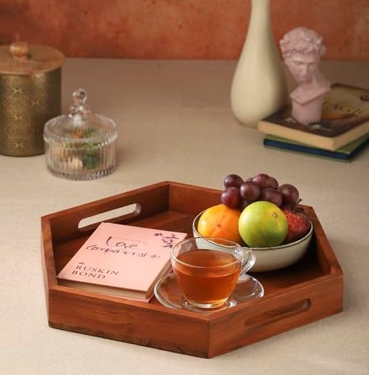 ARIYA Wooden Hexagon Serving Platter (10x10) Handcrafted Acacia Wood Tray with Unique Hexagonal Design Perfect for Serving Appetizers, Cheese, and Charcuterie - Image 3
