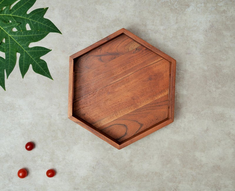 ARIYA Wooden Hexagon Serving Platter (10x10) Handcrafted Acacia Wood Tray with Unique Hexagonal Design Perfect for Serving Appetizers, Cheese, and Charcuterie - Image 1