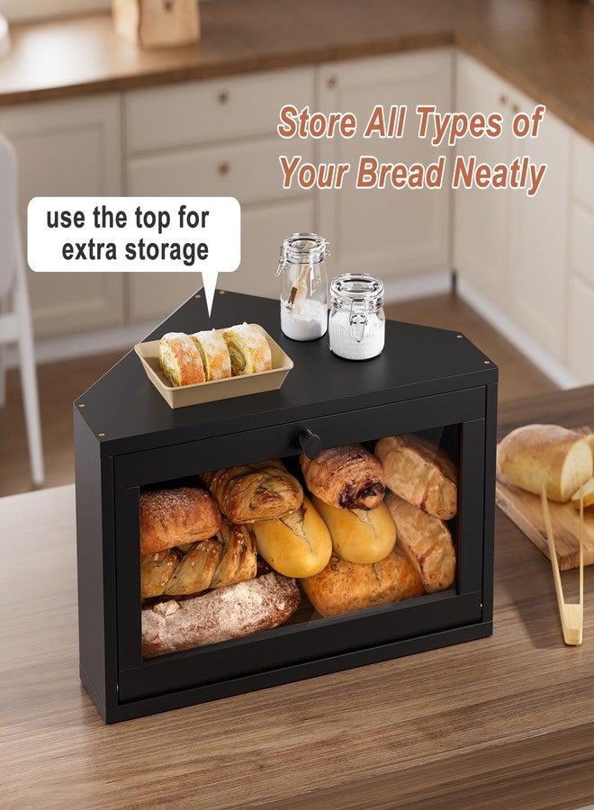WOWLIVE Corner Bread Box for Kitchen Countertop, Large Bamboo Bread Storage Container for Homemade Bread, Farmhouse Bread Holder with Window, Multi-functional Container, Black - Image 5