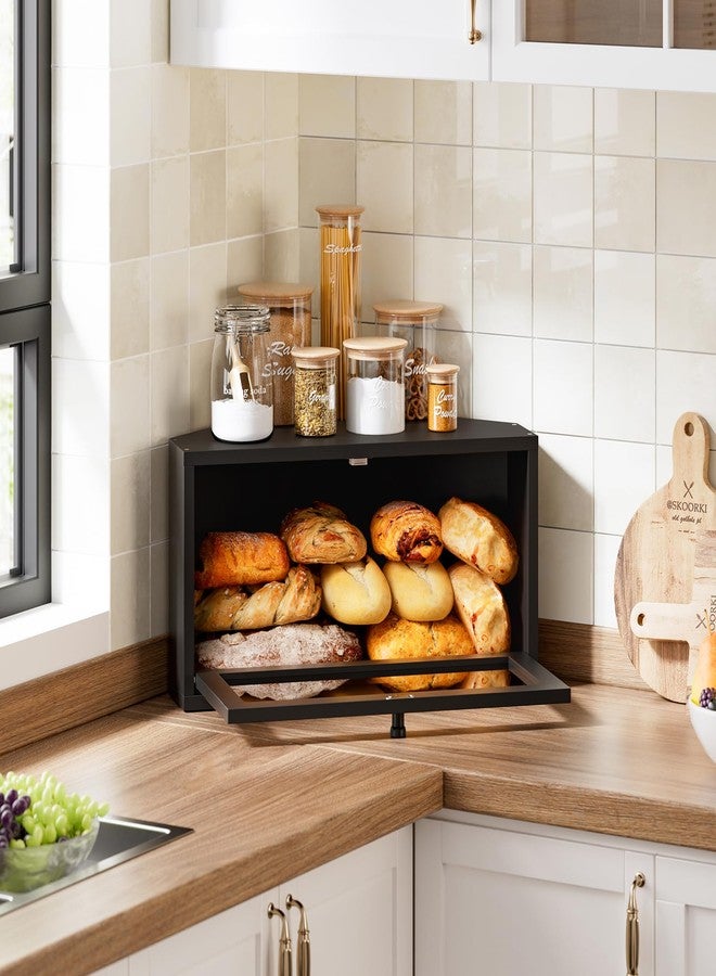 WOWLIVE Corner Bread Box for Kitchen Countertop, Large Bamboo Bread Storage Container for Homemade Bread, Farmhouse Bread Holder with Window, Multi-functional Container, Black - Image 2