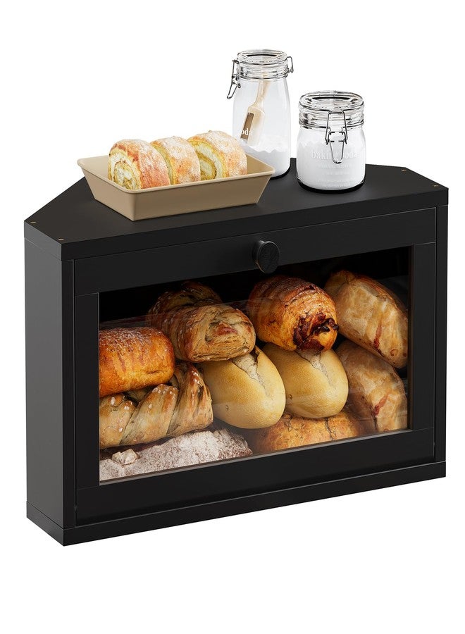 WOWLIVE Corner Bread Box for Kitchen Countertop, Large Bamboo Bread Storage Container for Homemade Bread, Farmhouse Bread Holder with Window, Multi-functional Container, Black - Image 1