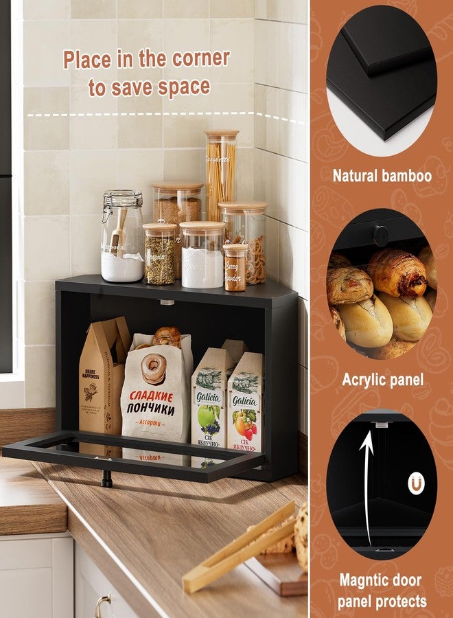 WOWLIVE Corner Bread Box for Kitchen Countertop, Large Bamboo Bread Storage Container for Homemade Bread, Farmhouse Bread Holder with Window, Multi-functional Container, Black - Image 4