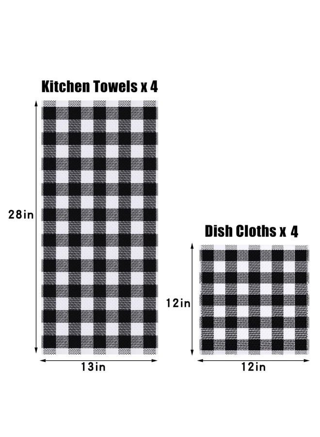 Homing Buffalo Plaid Kitchen Towels and Dishcloths Set, 12" x 12" and 13" x 28", Set of 8 Bulk Cotton Waffle Weave Dish Towels, Super Soft Absorbent Hand Towels for Kitchen, Black & White - Image 5