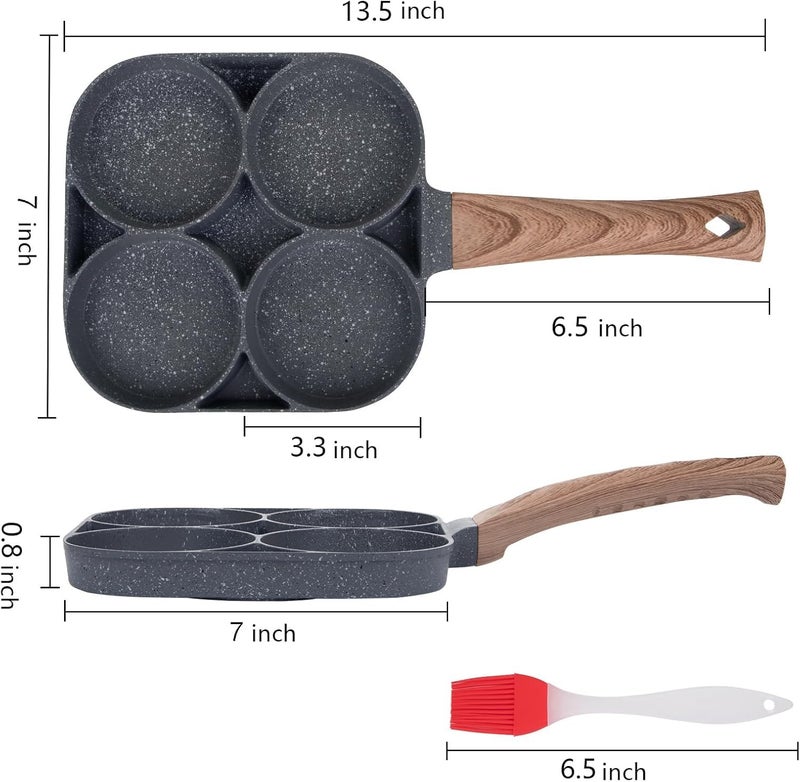 KONSSEE 4Cup Fried Egg Frying Pan with Brush for Oil NonStick Poached Egg Pan Pancake Skillet for Burger Omelet Outdoor Camping 135 x 7 Inches - Image 2