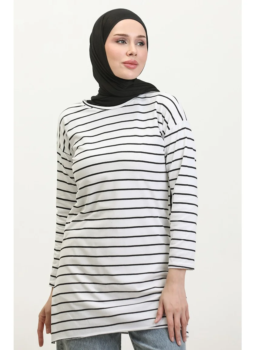 Sefa Merve Striped Combed Cotton Tunic 8705A-02 White