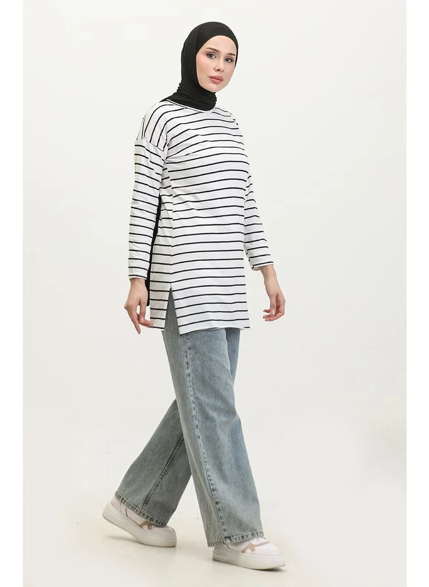 Sefa Merve Striped Combed Cotton Tunic 8705A-02 White