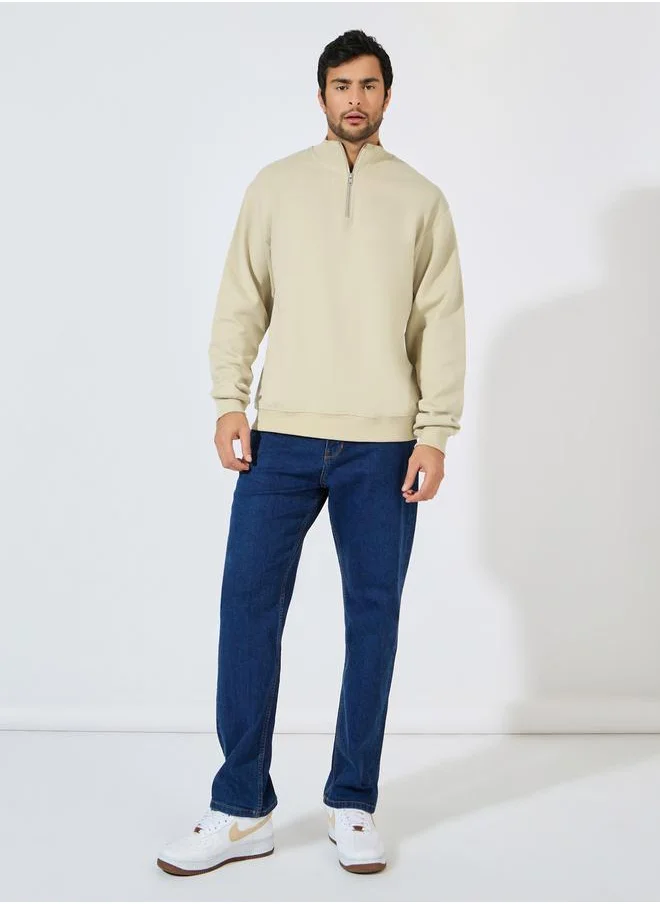 Styli Half-Zip Relaxed Fit Fleece Sweatshirt with Front Seam Detail