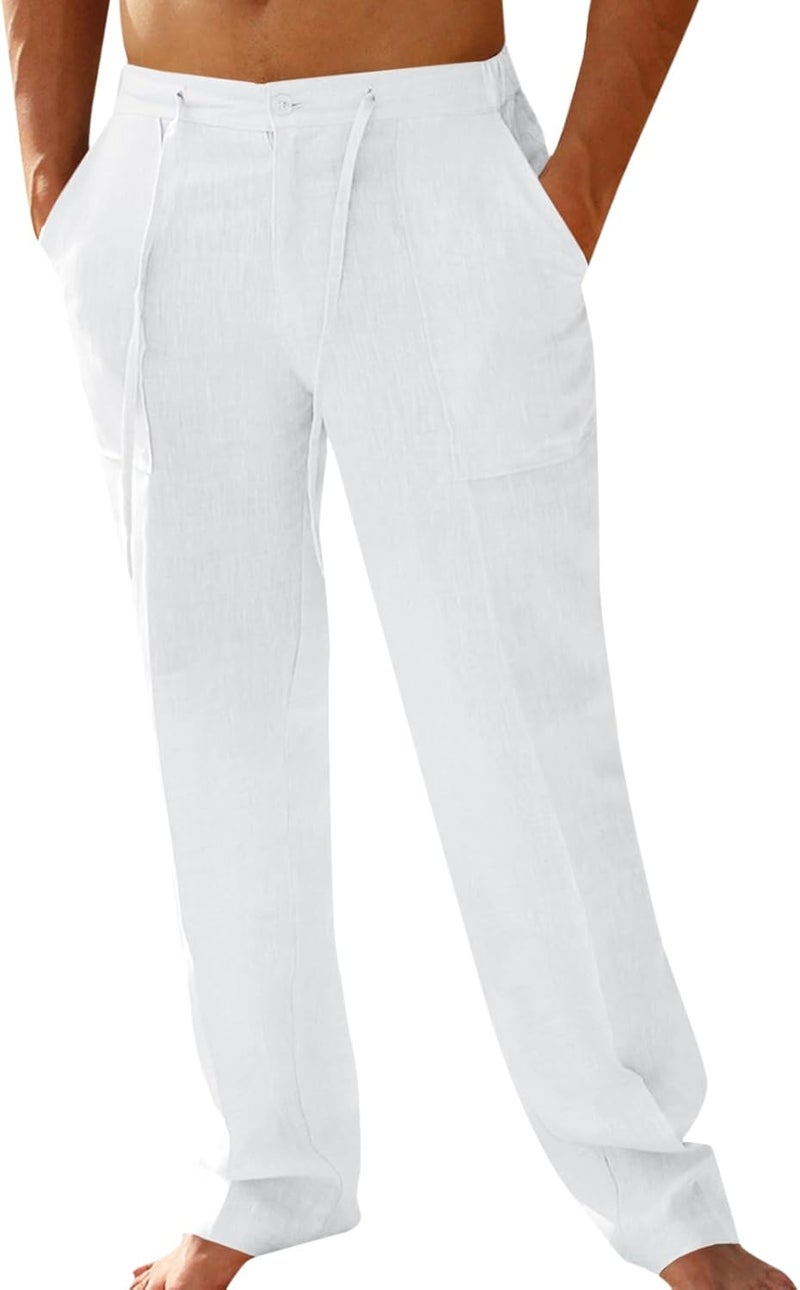 PASLTER Mens Casual Linen Pants Loose Fit Elastic Drawstring Waist Straight-Legs Summer Yoga Beach Long Pants - Image 1