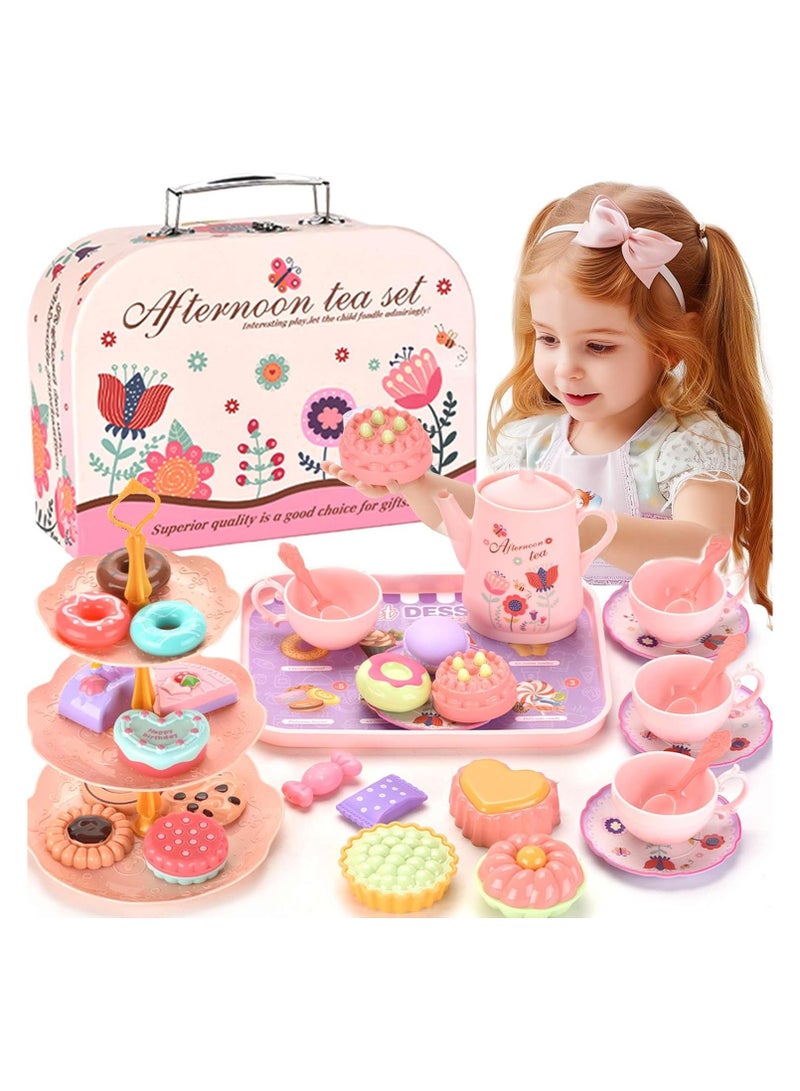 Tea Set for Little Girls, Birthday Gift for Age 3+ Years Old, Toddler Toys Tea Party Set for Little Girls, Princess Kids Kitchen Pretend Toy with Tin Tea Set, Desserts & Carrying Case  - Image 1