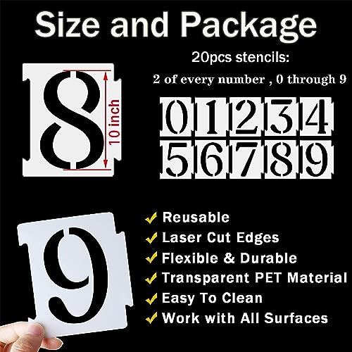 YEAJON 10 Inch Curb Stencil Kit 0-9 Address Number Stencils, 20Pcs Reusable 14 Mil Mylar Plastic Templates for Painting on Road, Wall, Wood, Mailbox - Image 2