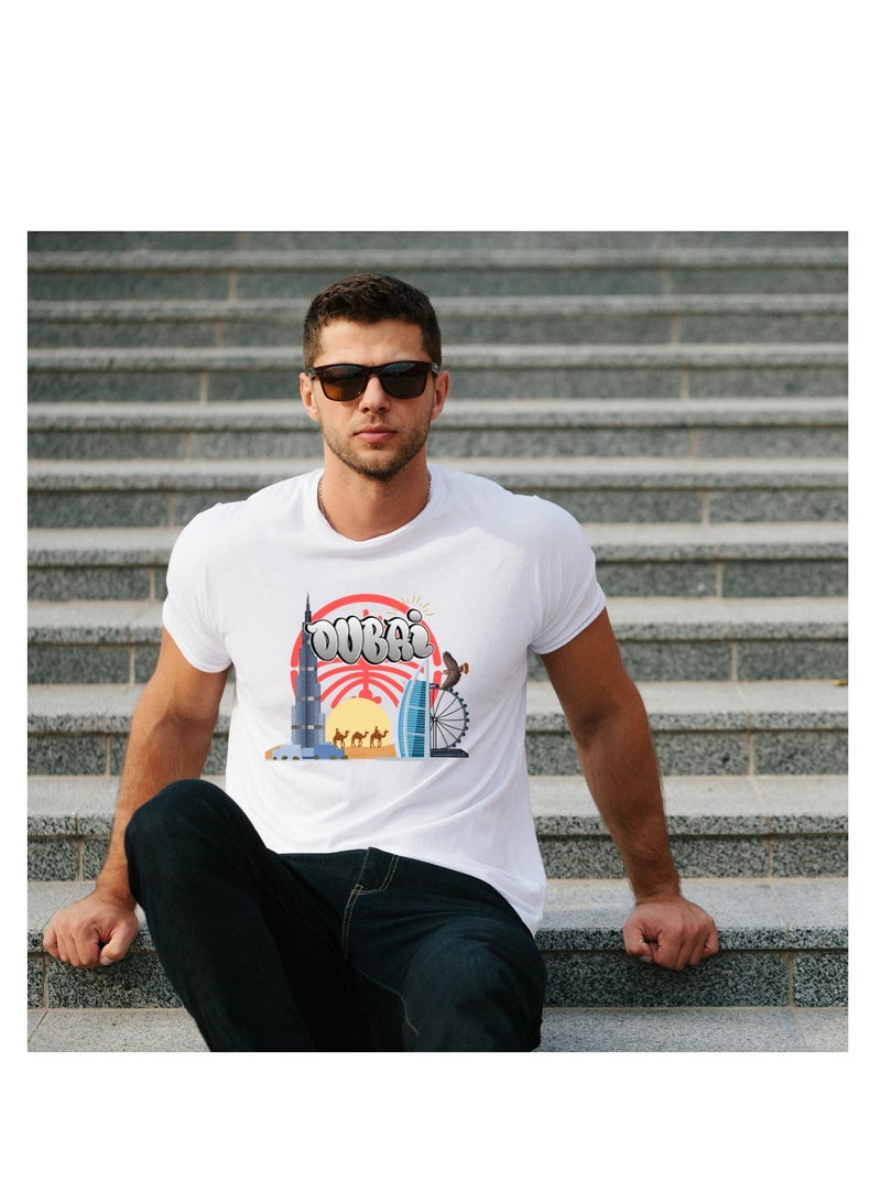 Dubai Skyline Graphic White Cotton T-Shirt, Tourist Souvenir T-Shirt for Men & Women - Image 1