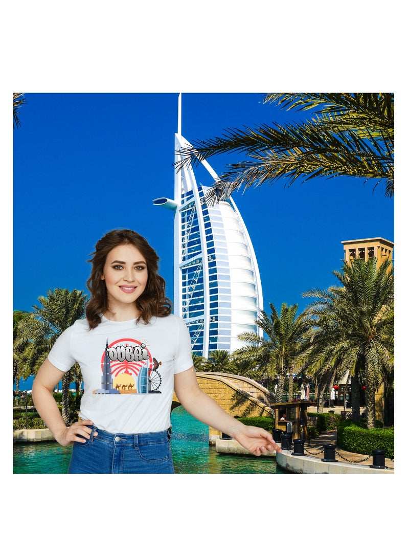Dubai Skyline Graphic White Cotton T-Shirt, Tourist Souvenir T-Shirt for Men & Women - Image 2
