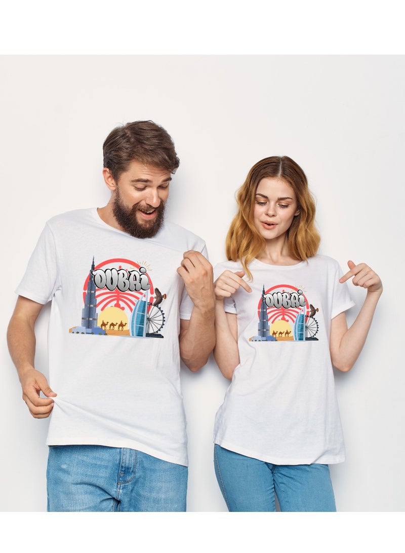 Dubai Skyline Graphic White Cotton T-Shirt, Tourist Souvenir T-Shirt for Men & Women - Image 4