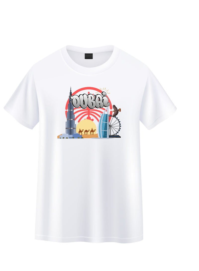 Dubai Skyline Graphic White Cotton T-Shirt, Tourist Souvenir T-Shirt for Men & Women - Image 3