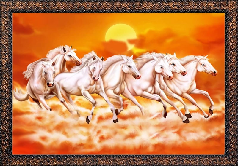CN RETAILS Beautiful 7 Horses vastu Wall Painting with Special Effects Sparkle Lamination wood art framed wall Painting for home décor Synthetic Solid Wooden Frame (Brown, 50 x 65 cm) 18x24_27 - Image 1