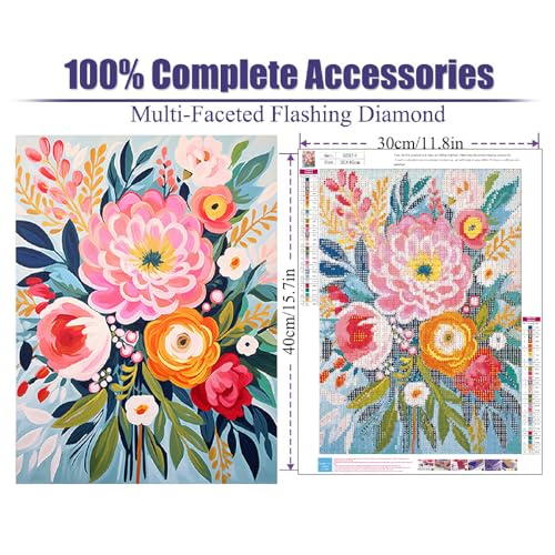 YarnMate Flowers Diamond Art Kits for Adults,Flowers in Vase DIY 5D Diamond Painting Kit for Beginners,Full Round Drill Gem Art Dots for Adults, Perfect for Home Wall Decor 12X16 Inch - Image 2