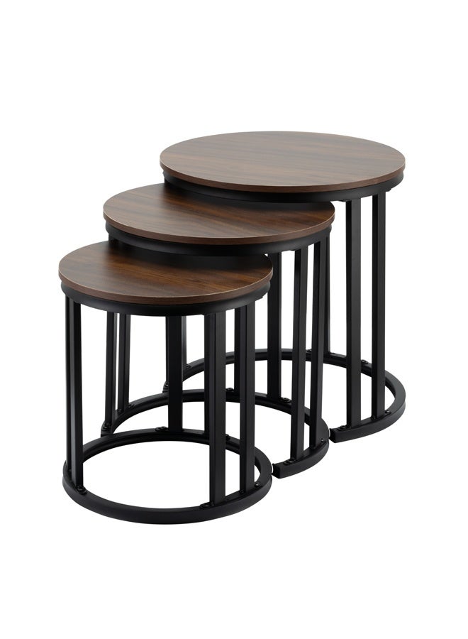 لوازم طقم طاولات 3 قطع - بني غامق - طاولات قهوة دائرية متداخلة بسطح خشبي - طاولات جانبية موفرة للمساحة - طاولة بتصميم صناعي لغرفة المعيشة أو النوم أو البلكون أو المساحات الصغيرة - Image 2