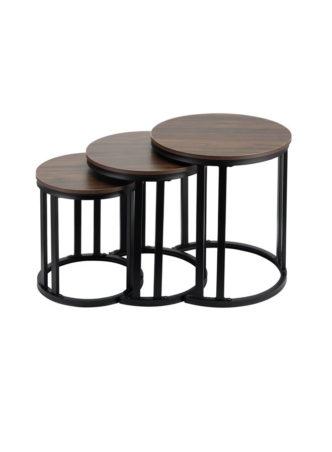 لوازم طقم طاولات 3 قطع - بني غامق - طاولات قهوة دائرية متداخلة بسطح خشبي - طاولات جانبية موفرة للمساحة - طاولة بتصميم صناعي لغرفة المعيشة أو النوم أو البلكون أو المساحات الصغيرة - Image 4