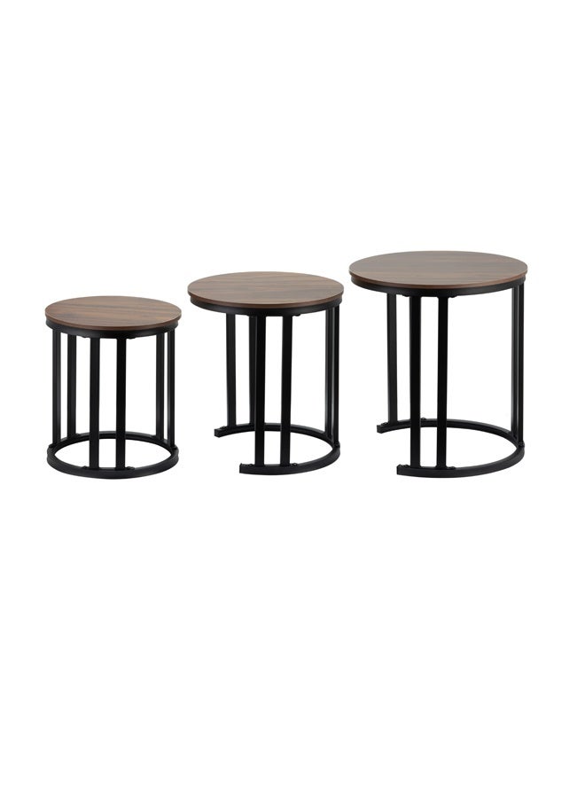 لوازم طقم طاولات 3 قطع - بني غامق - طاولات قهوة دائرية متداخلة بسطح خشبي - طاولات جانبية موفرة للمساحة - طاولة بتصميم صناعي لغرفة المعيشة أو النوم أو البلكون أو المساحات الصغيرة - Image 3