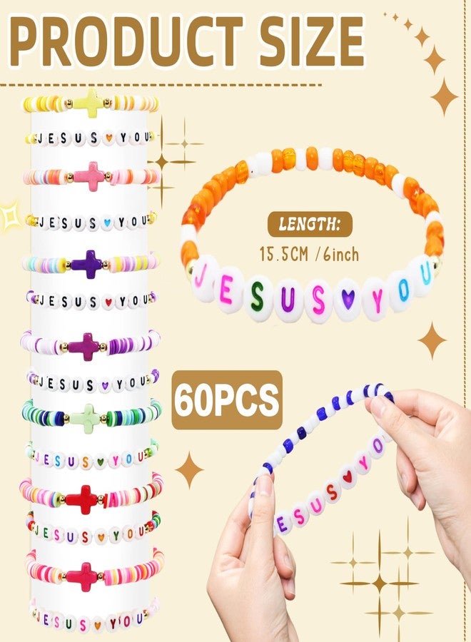 yesaior 60 Pcs Jesus You Christian Bracelets Bulk Easter WWJD Colorful Friendship Bracelet for Women Religious Cross Beaded Wristband for Christmas Church Reminder Jewelry Gift (Jesus love you) - Image 2