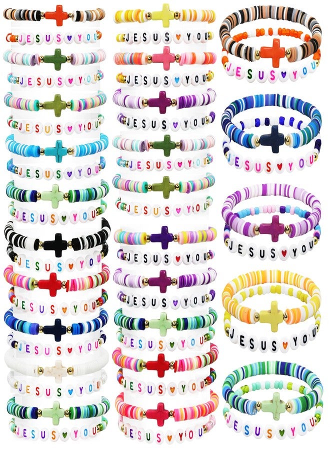 yesaior 60 Pcs Jesus You Christian Bracelets Bulk Easter WWJD Colorful Friendship Bracelet for Women Religious Cross Beaded Wristband for Christmas Church Reminder Jewelry Gift (Jesus love you) - Image 1