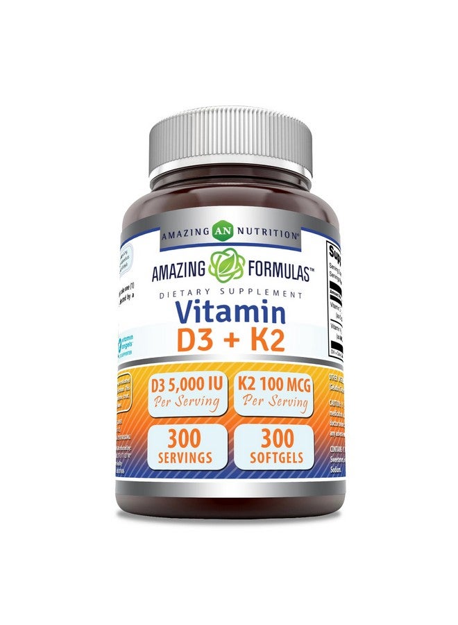 Amazing Nutrition أمزينغ فورمولا فيتامين د3 5000 وحدة دولية مع فيتامين ك2 100 ميكروغرام | مكمل د3 + ك2 المركب | كبسولات لينة | غير معدلة وراثيًا | خالية من الغلوتين | صنع في الولايات المتحدة (1 عبوة، 300 حبة) - Image 1