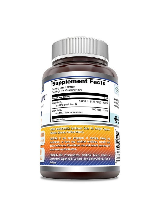 Amazing Nutrition أمزينغ فورمولا فيتامين د3 5000 وحدة دولية مع فيتامين ك2 100 ميكروغرام | مكمل د3 + ك2 المركب | كبسولات لينة | غير معدلة وراثيًا | خالية من الغلوتين | صنع في الولايات المتحدة (1 عبوة، 300 حبة) - Image 2