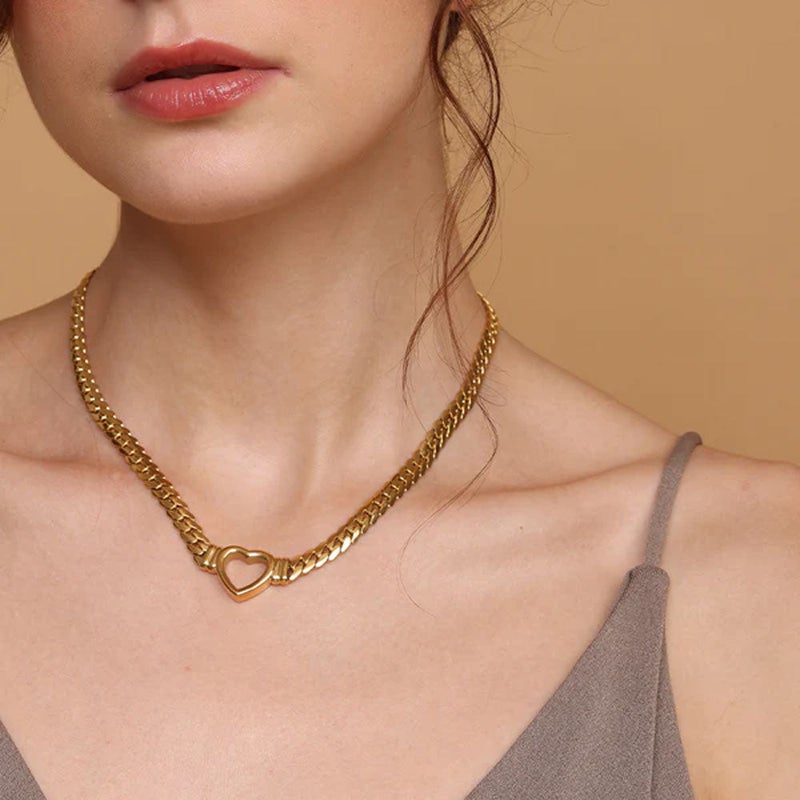 PALMONAS 18k Gold Tone Plated Cuban Chain Hollow Heart Necklace
 for Women - Image 3